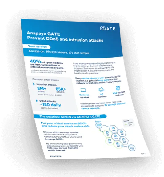Anapaya GATE factsheet, emphasizing the security benefits for business-critical services like VPN remote access, IoT, and web services.